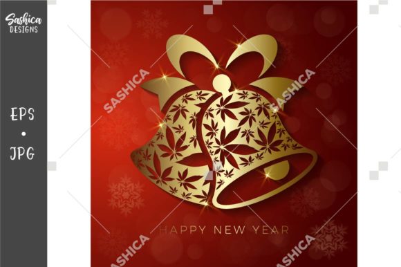 Gold Christmas Bells with Weed Leaves Illustrations